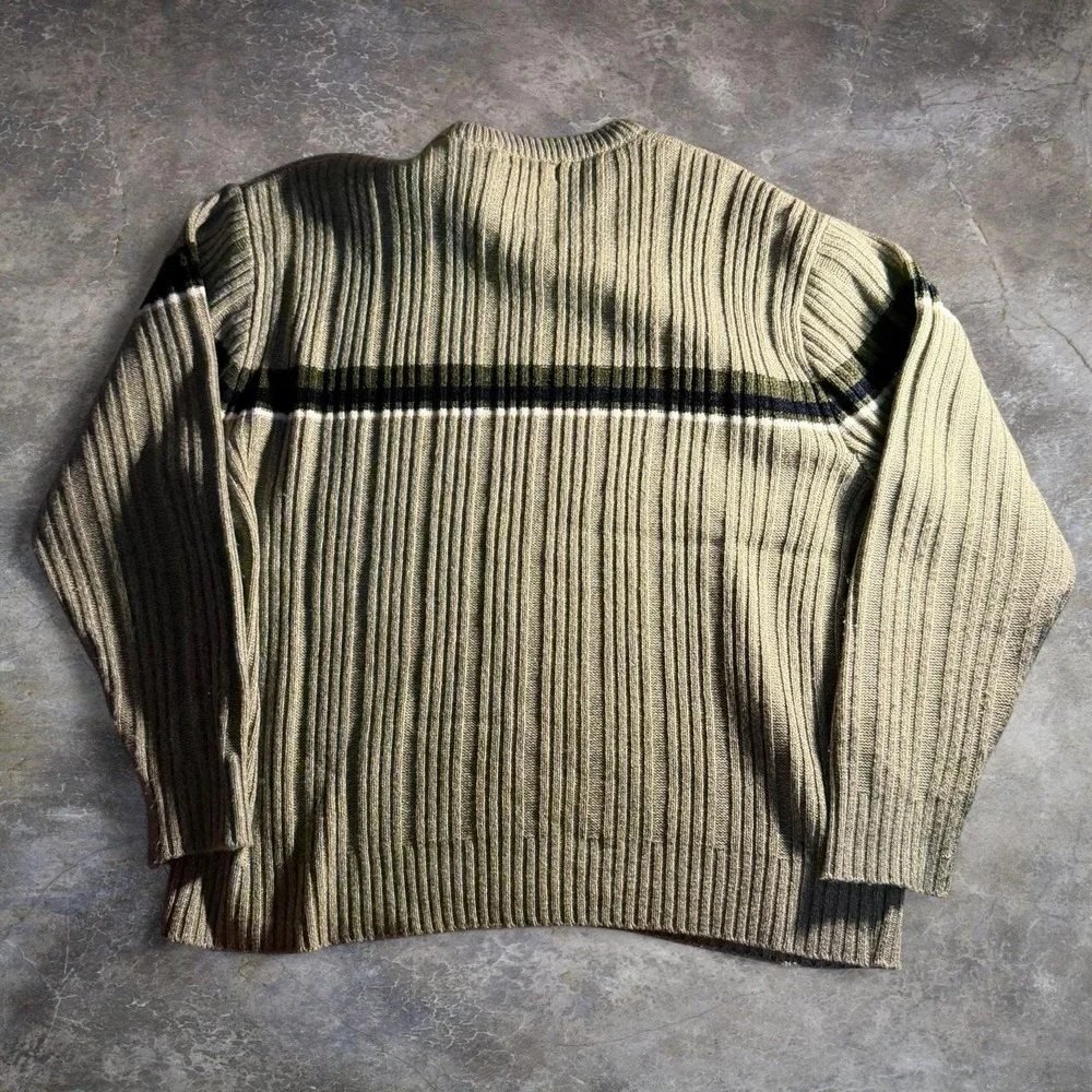 Xtremegear Mens XL Cream Ribbed Knit Striped V-Neck Acrylic Sweater Khaki Green